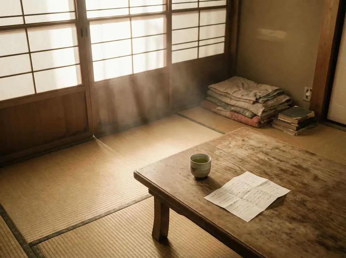 昭和风格的日式和室，榻榻米上摆放着茶具与信笺