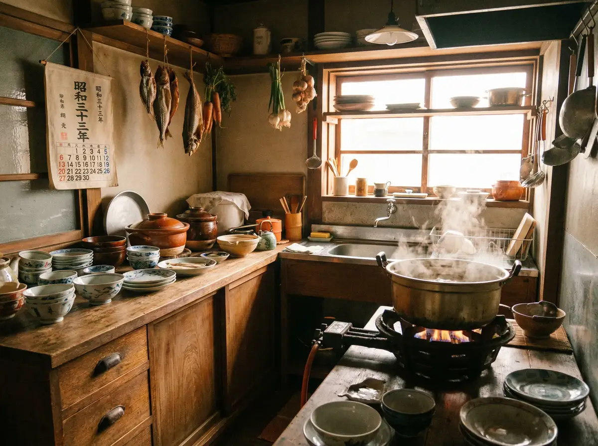 昭和时代风格的日式厨房，温馨的家庭料理场景
