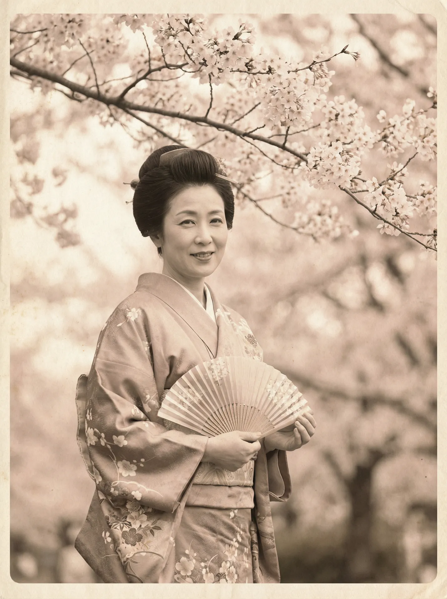 一位持扇的优雅 熟女人妻 在樱花树下的复古写真