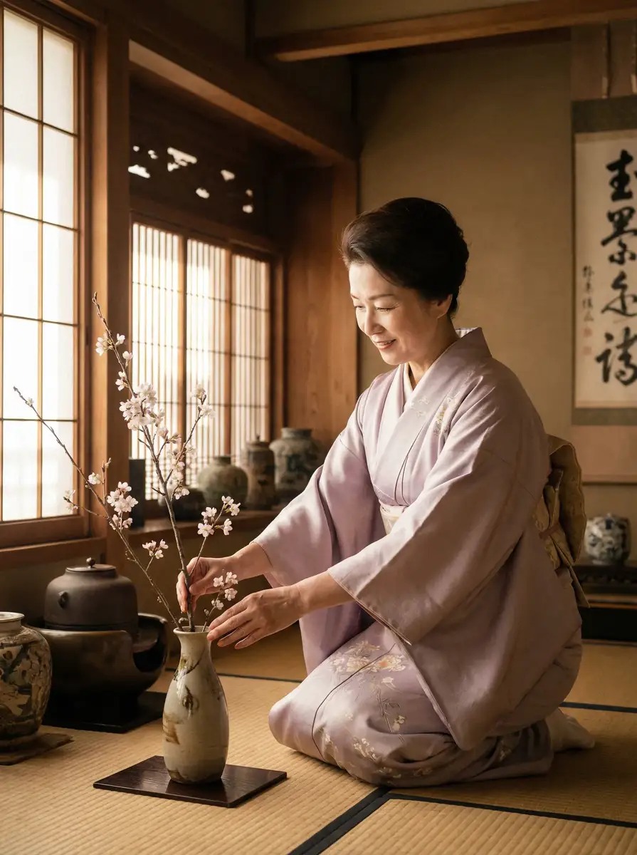 一位优雅的 熟女人妻 在和室中插花