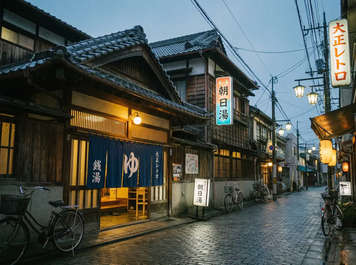 黄昏时分的日式澡堂外景，蓝色暖帘与温暖灯光