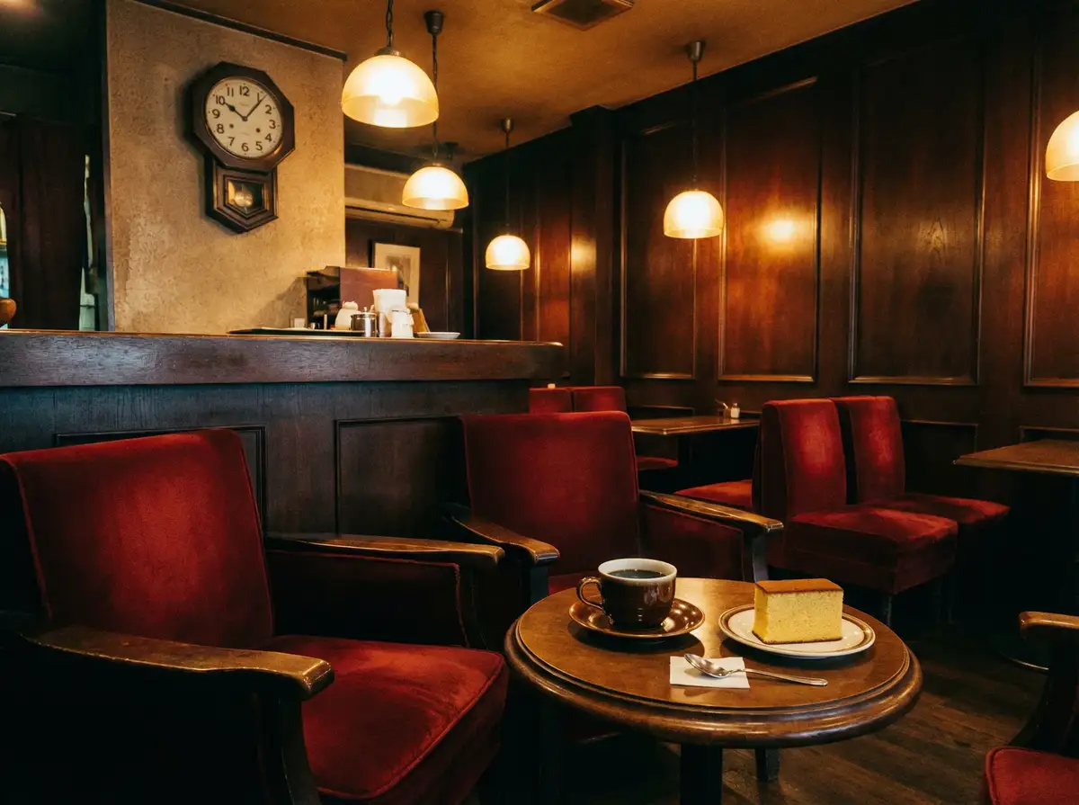 昭和风格的复古喫茶店内景，温暖的灯光与红色天鹅绒座椅
