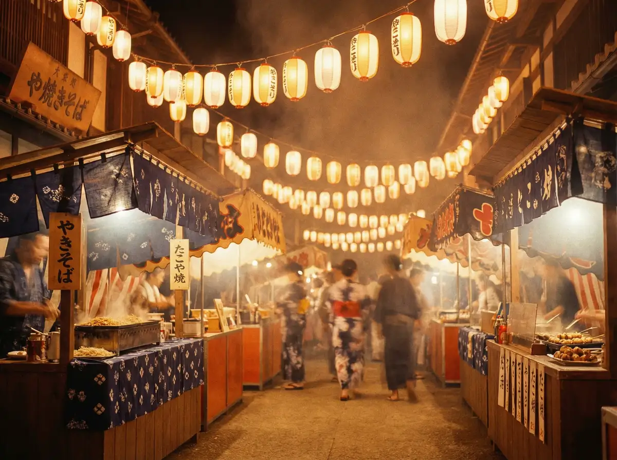 昭和时代的日本夏日祭典，灯笼与屋台的温暖光景